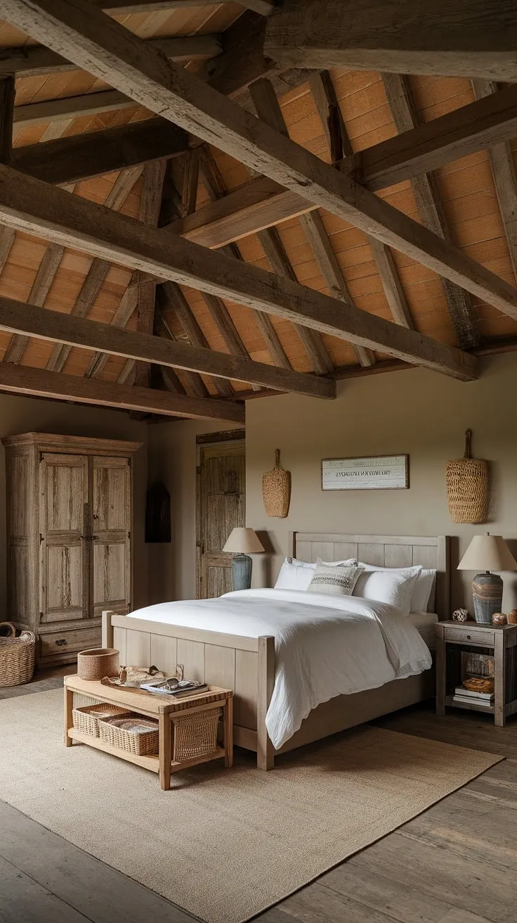 With its inviting wooden elements and country bedroom decor, this rustic farmhouse bedroom perfectly captures the essence of master bedroom decor.