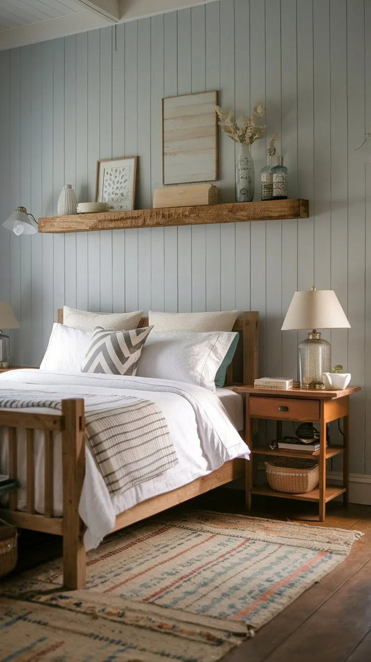 This rustic farmhouse bedroom, featuring a wooden bed frame and soft blue walls, perfectly captures the charm of farmhouse style bedrooms with its cozy country vibe and rustic bedroom decor.