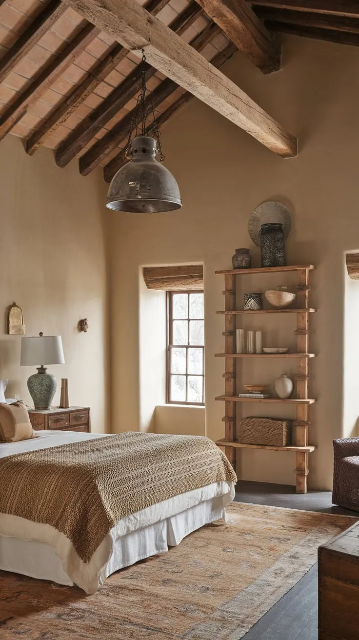 This rustic farmhouse bedroom features a wooden ceiling beam, a cozy queen-sized bed adorned with a woven blanket, and charming farmhouse decor, creating a warm and inviting atmosphere perfect for a country bedroom remodel.