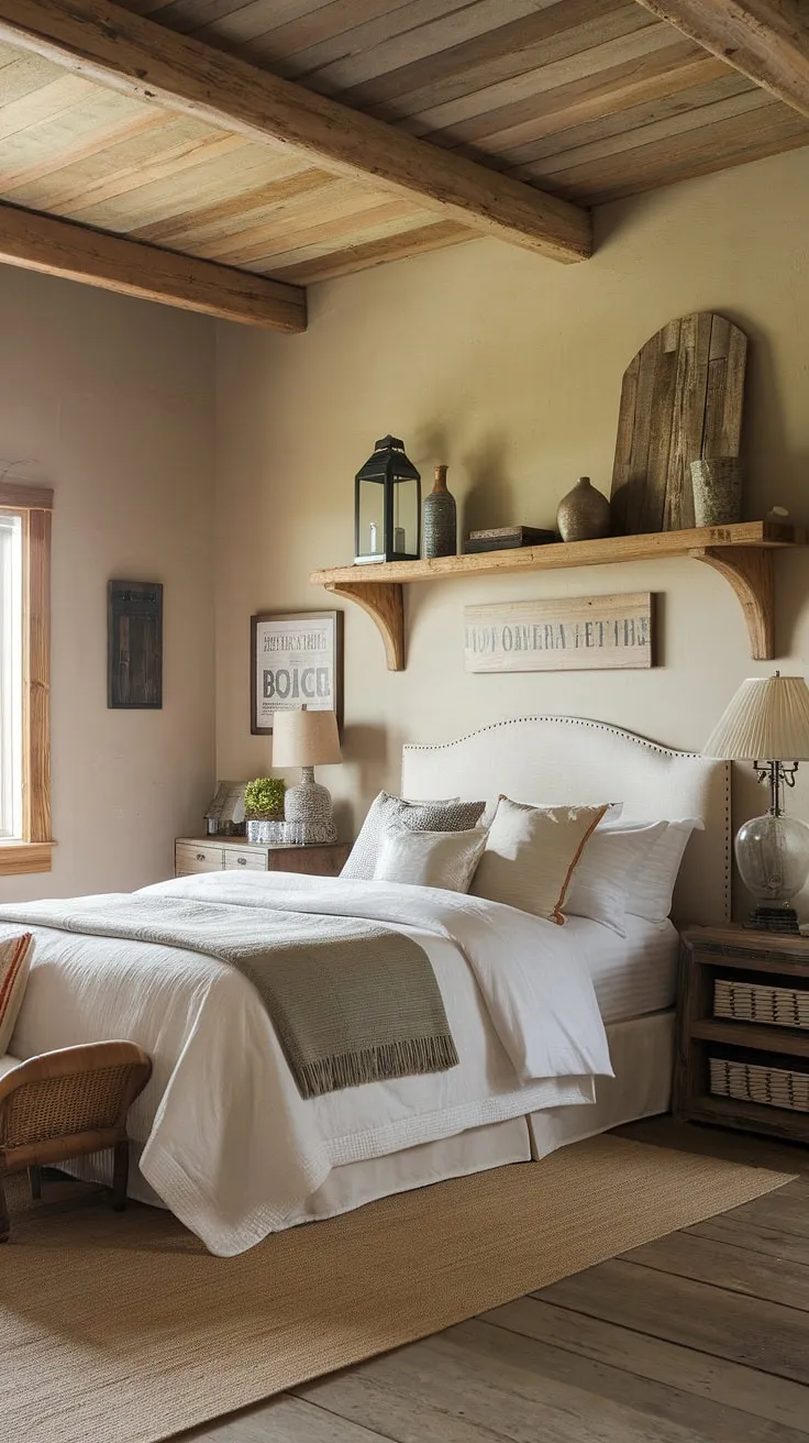 This rustic farmhouse bedroom features a king-sized bed, wooden floors, and charming decor elements, perfectly embodying the essence of farmhouse style bedrooms and rustic bedroom decor.
