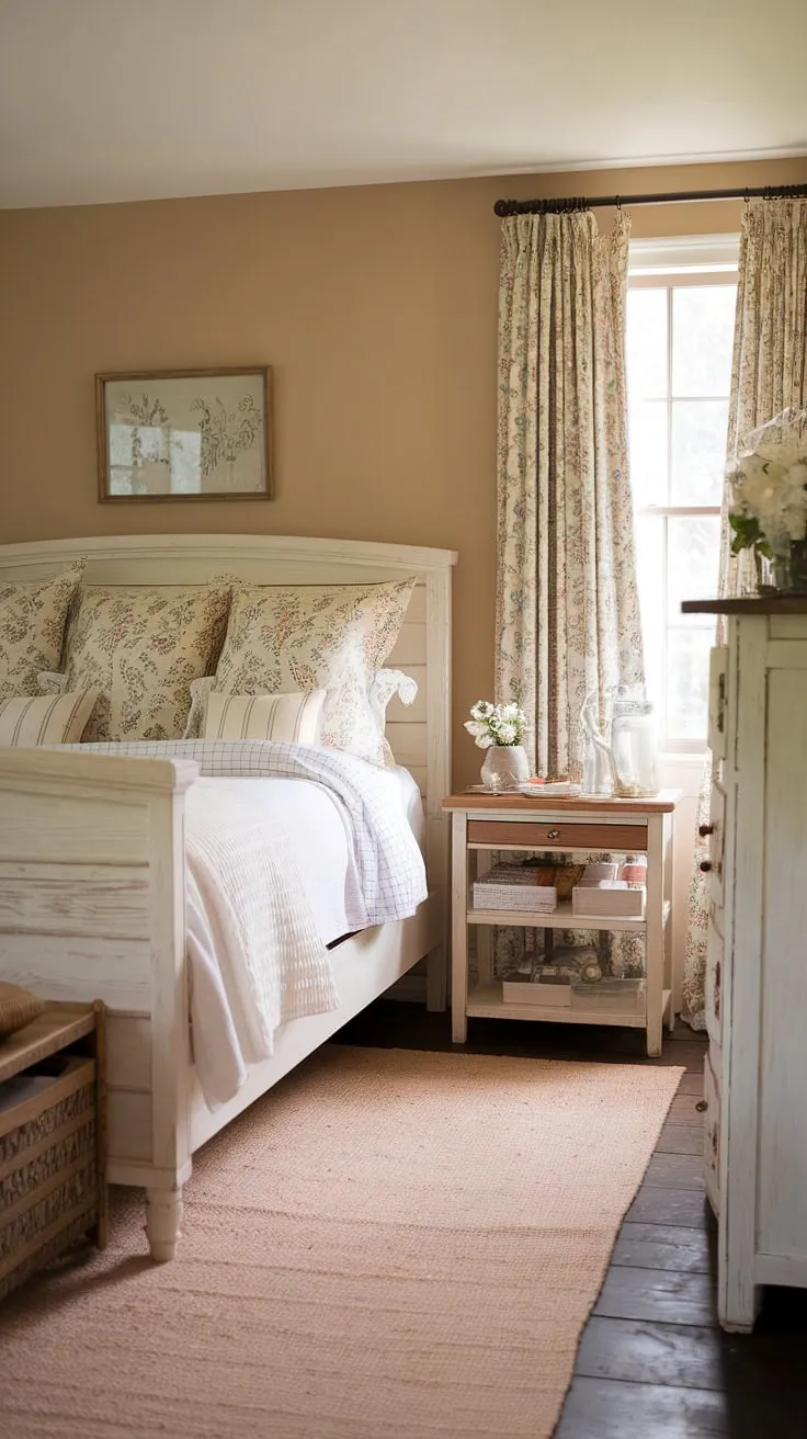 With its beige walls and floral accents, this farmhouse style bedroom showcases charming rustic bedroom decor ideal for master bedroom decor.