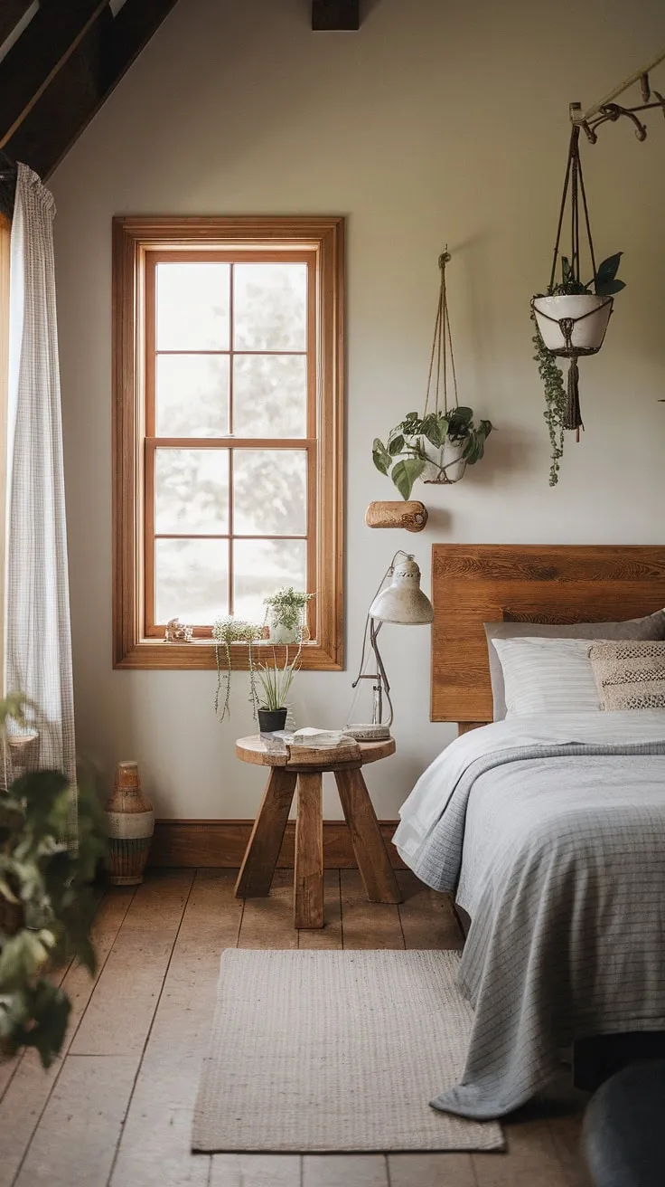 A rustic farmhouse bedroom featuring a king-size bed with a wooden headboard, vintage decor, and natural elements creates a charming country retreat perfect for a bedroom remodel.