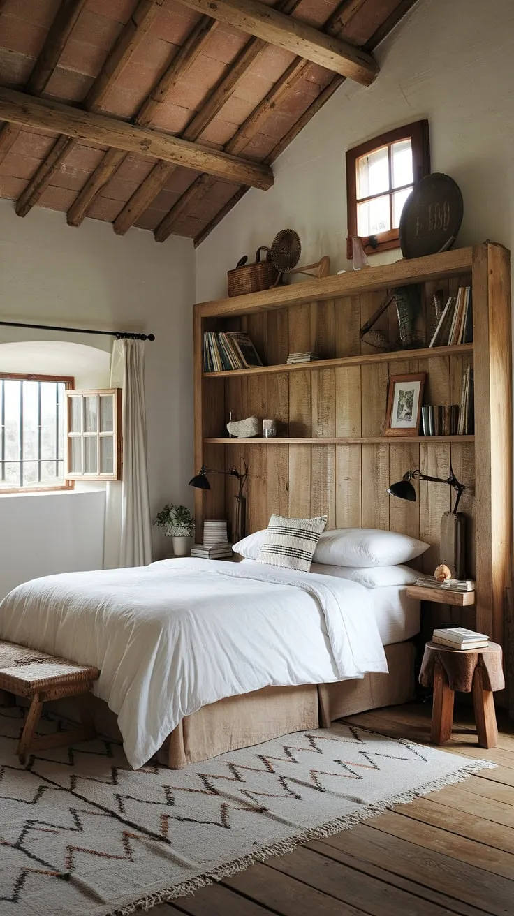 This rustic farmhouse bedroom showcases charming farmhouse style with its wooden features, cozy decor, and inviting country ambiance, perfect for a bedroom remodel.