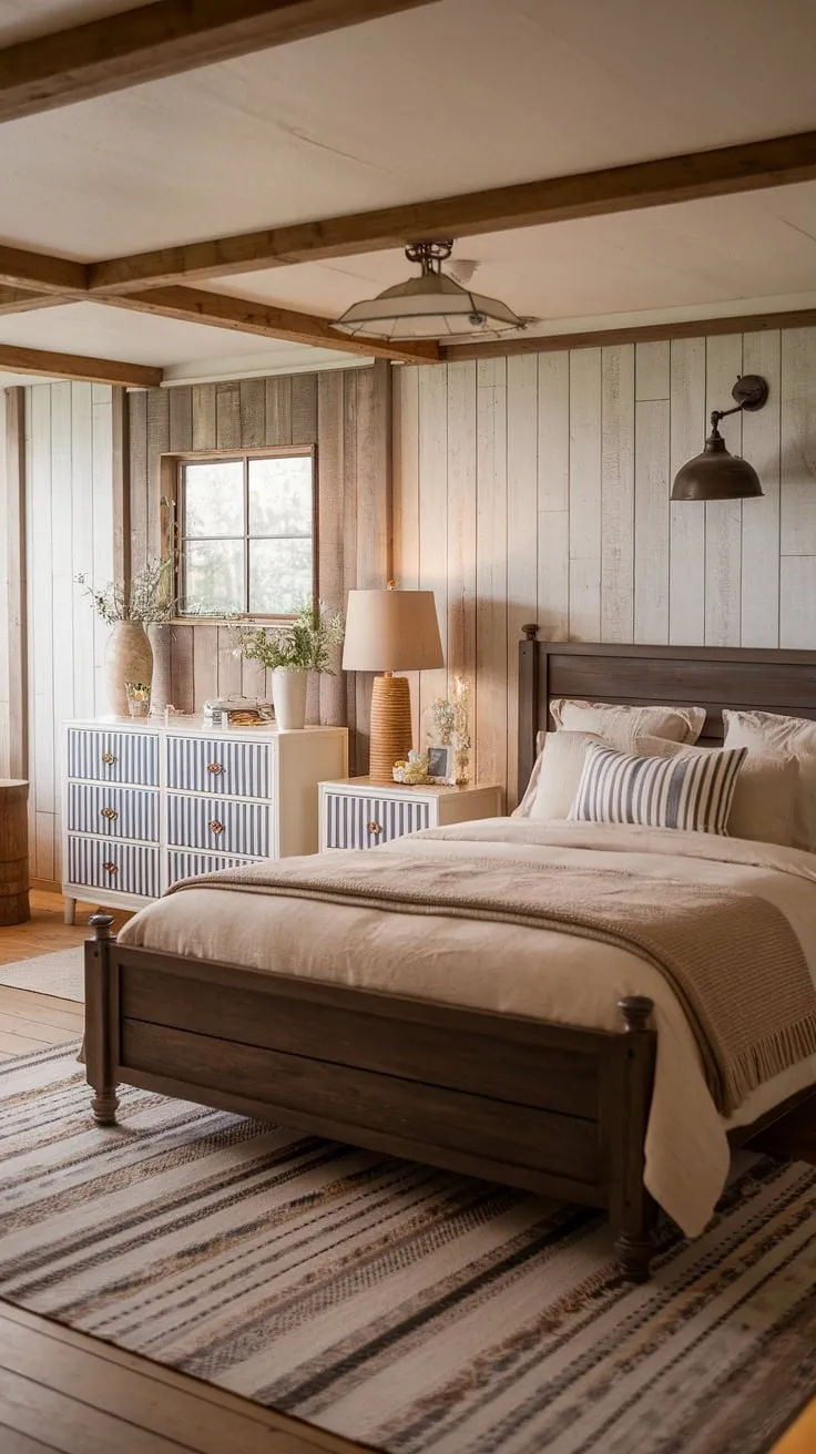 This rustic farmhouse bedroom showcases charming farmhouse style with its wooden floors, cozy queen-size bed, and vintage decor, making it an ideal choice for a country bedroom remodel.
