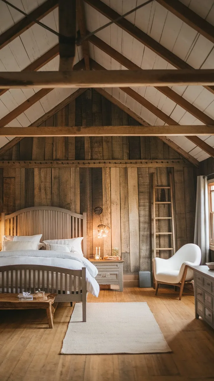 This rustic farmhouse bedroom showcases charming country bedroom decor with wooden beams, a king-size bed, and warm lighting, perfect for a stylish bedroom remodel.