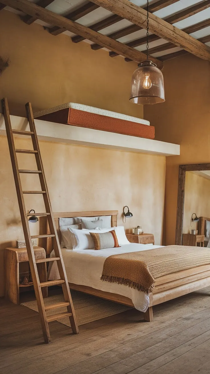 This rustic farmhouse bedroom showcases a warm color palette, featuring a queen-size wooden bed, vintage decor, and charming country elements perfect for a bedroom remodel.