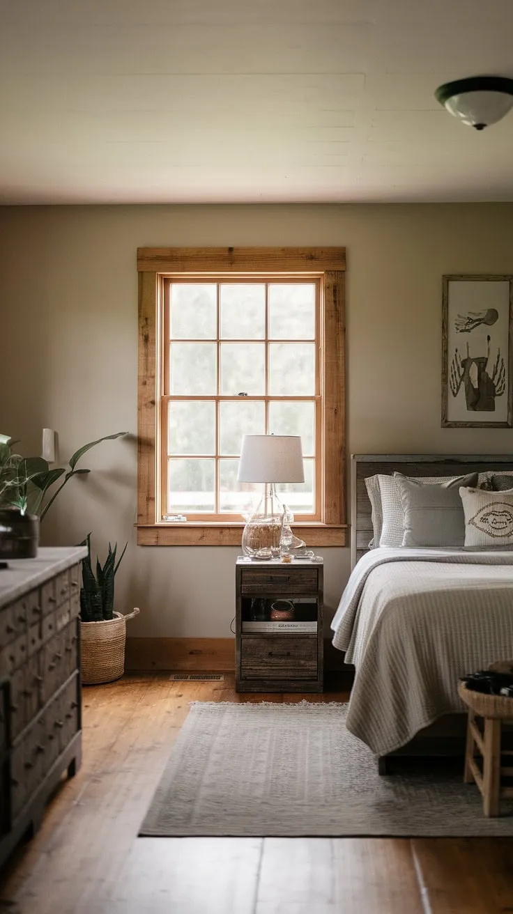 With its beige walls, wooden accents, and carefully curated farmhouse bedroom decor, this master bedroom remodel captures the inviting spirit of a rustic farmhouse bedroom.