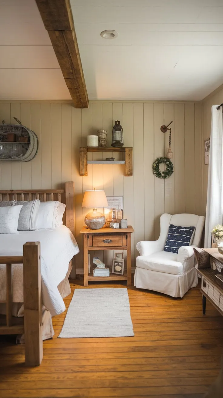 The inviting atmosphere of this rustic farmhouse bedroom showcases master bedroom decor that blends wooden elements and decorative touches for a warm, country feel.