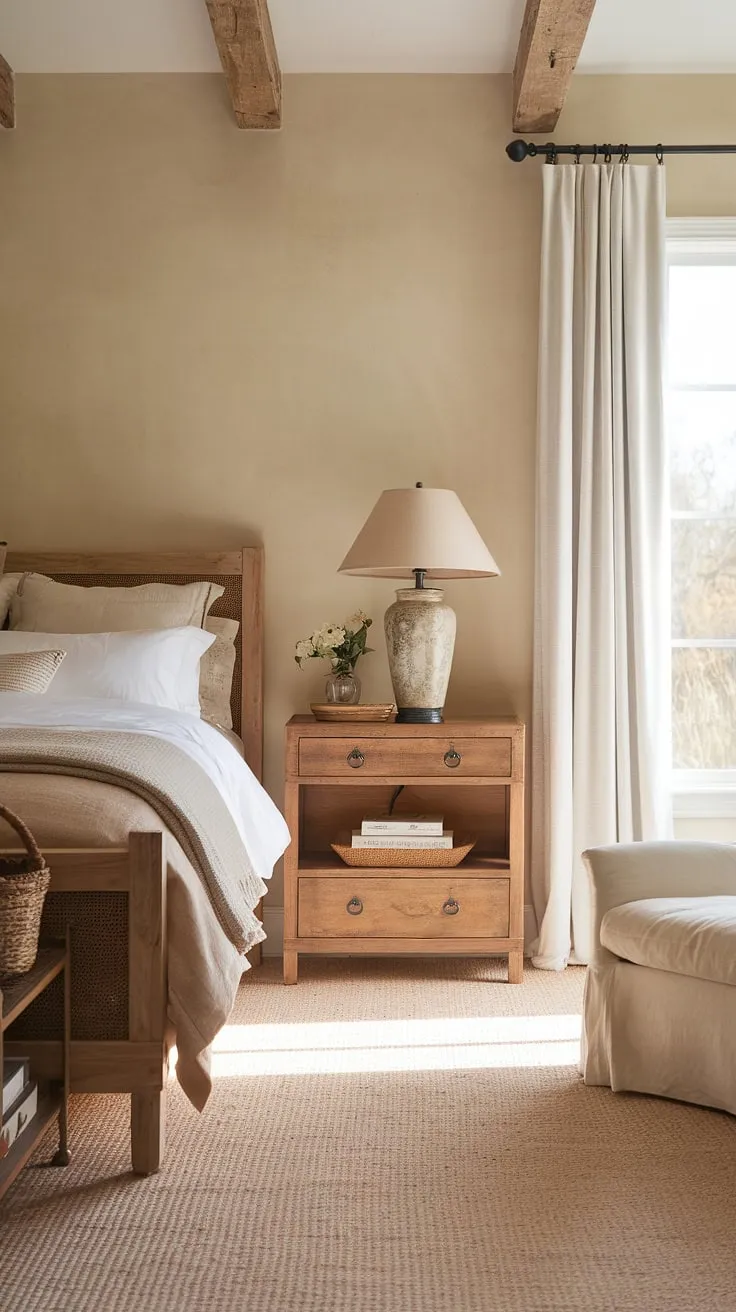 This rustic farmhouse bedroom features a king-size wooden bed and country-style decor, creating a cozy atmosphere perfect for a bedroom remodel.