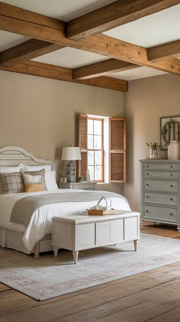 This rustic farmhouse bedroom features charming country style elements like a wooden beam ceiling, a queen-size bed with a white headboard, and rustic bedroom decor that perfectly captures the essence of farmhouse style bedrooms.