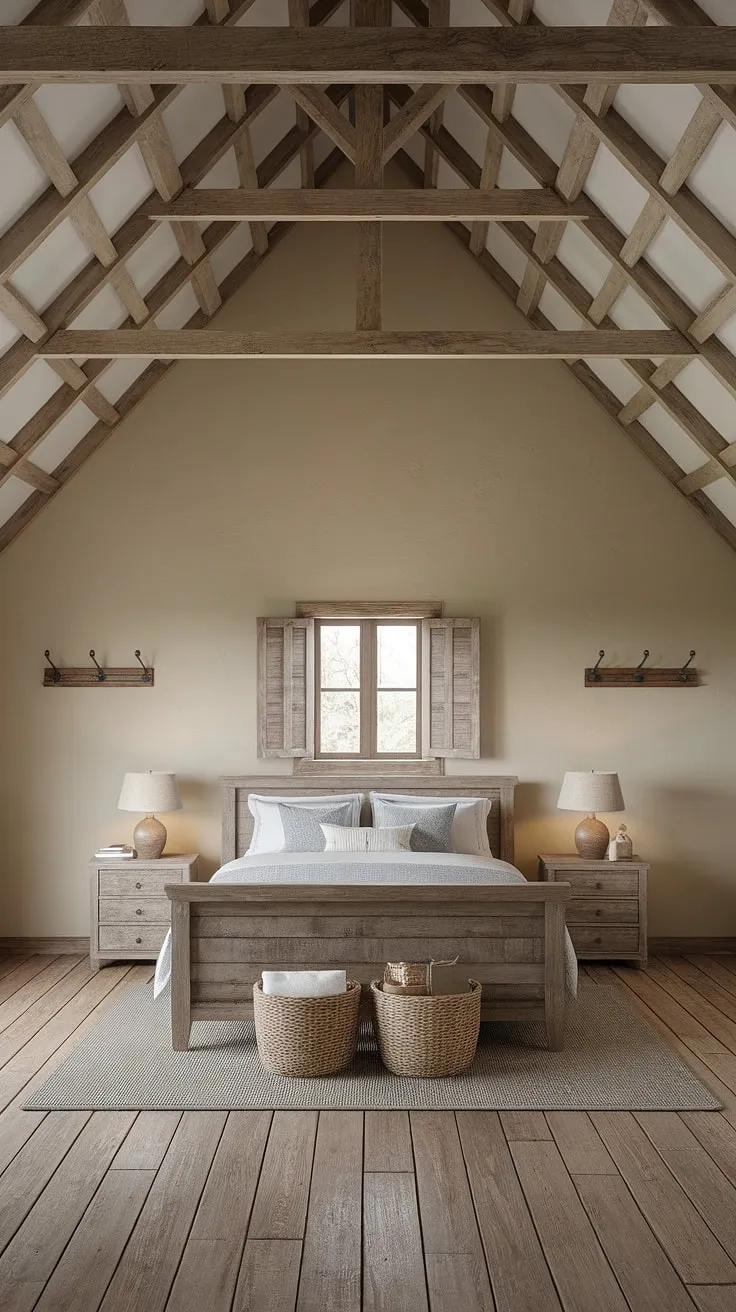 This rustic farmhouse bedroom features high ceilings, wooden beams, and charming decor that perfectly captures the essence of farmhouse style bedrooms.