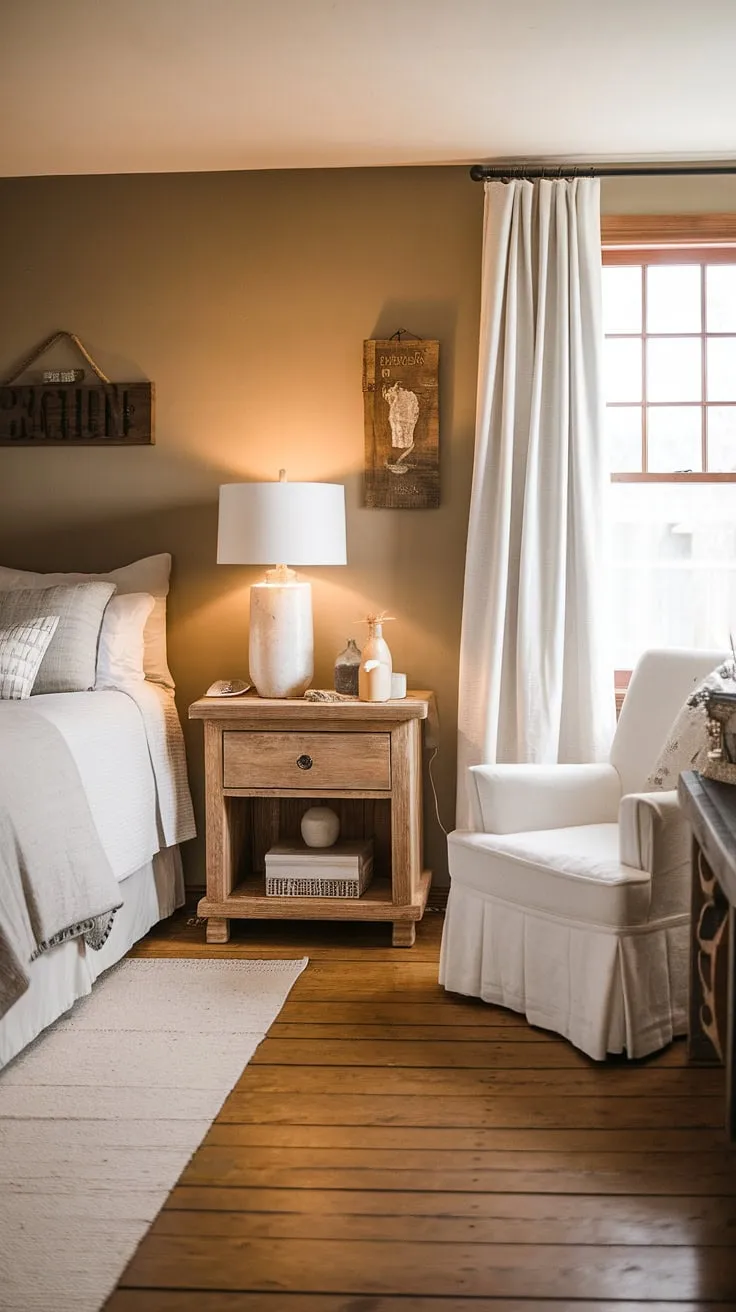 This rustic farmhouse bedroom features a queen-size bed and warm wooden accents, perfectly showcasing farmhouse style bedrooms and rustic bedroom decor for a cozy country bedroom remodel.