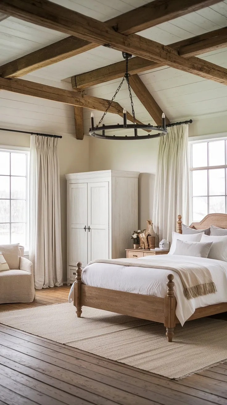 With its rustic chandelier, wooden nightstand, and large window adorned with white curtains, this farmhouse style bedroom embodies the essence of rustic bedroom decor.