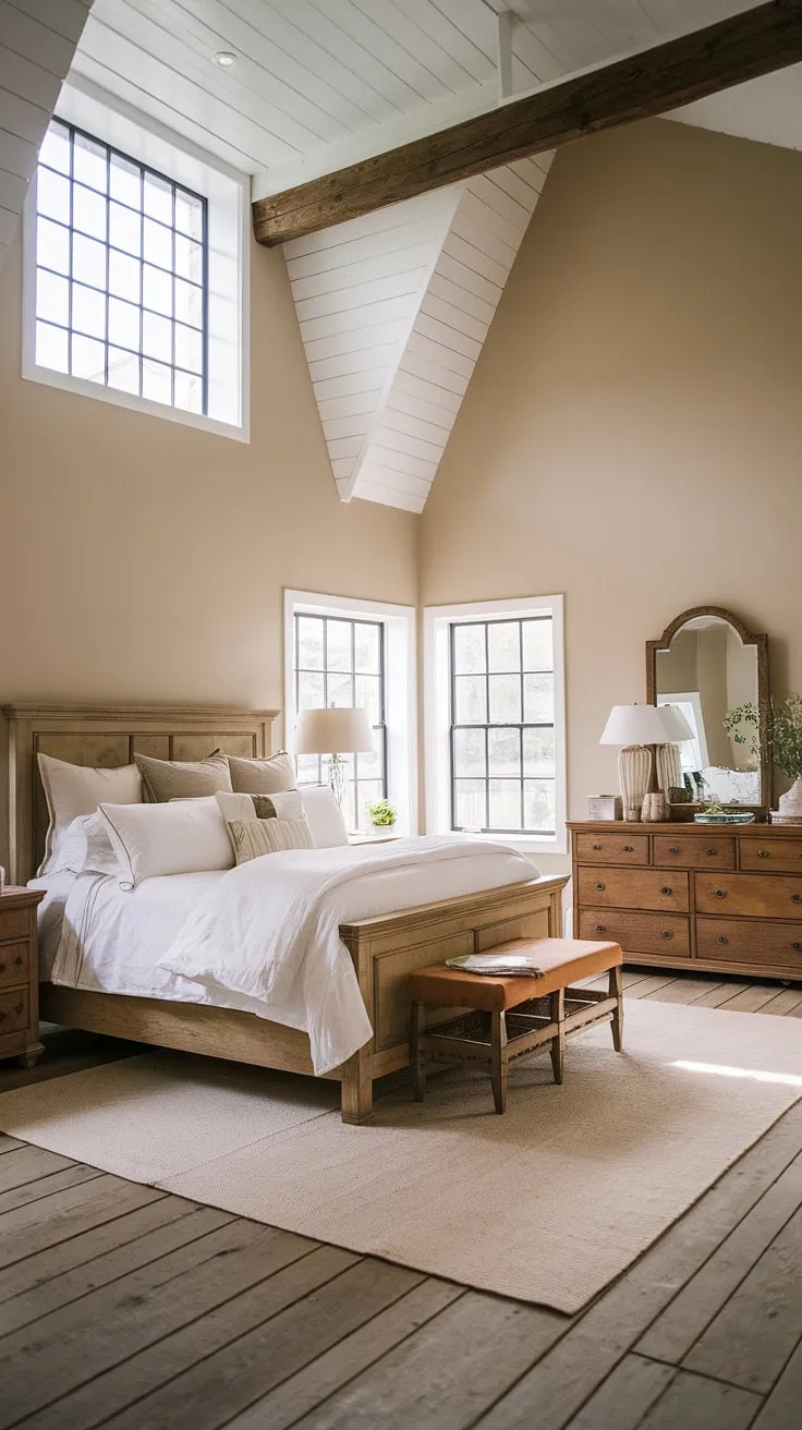 This rustic farmhouse bedroom features a king-size wooden bed and charming decor, perfectly embodying the essence of farmhouse style bedrooms and country bedroom aesthetics.