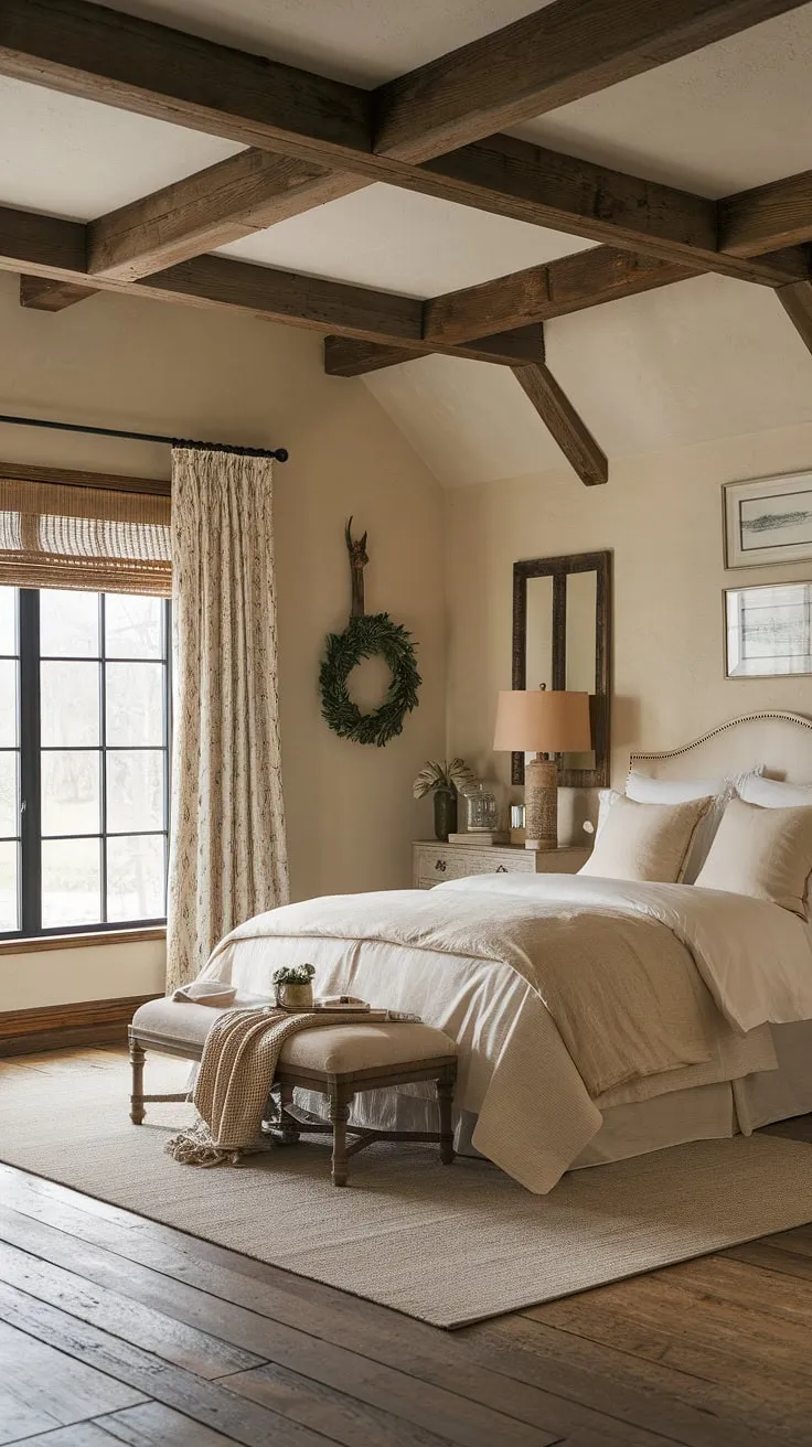 This rustic farmhouse bedroom showcases charming country decor with beige walls, dark wood beams, and cozy furnishings, perfect for a stylish bedroom remodel.