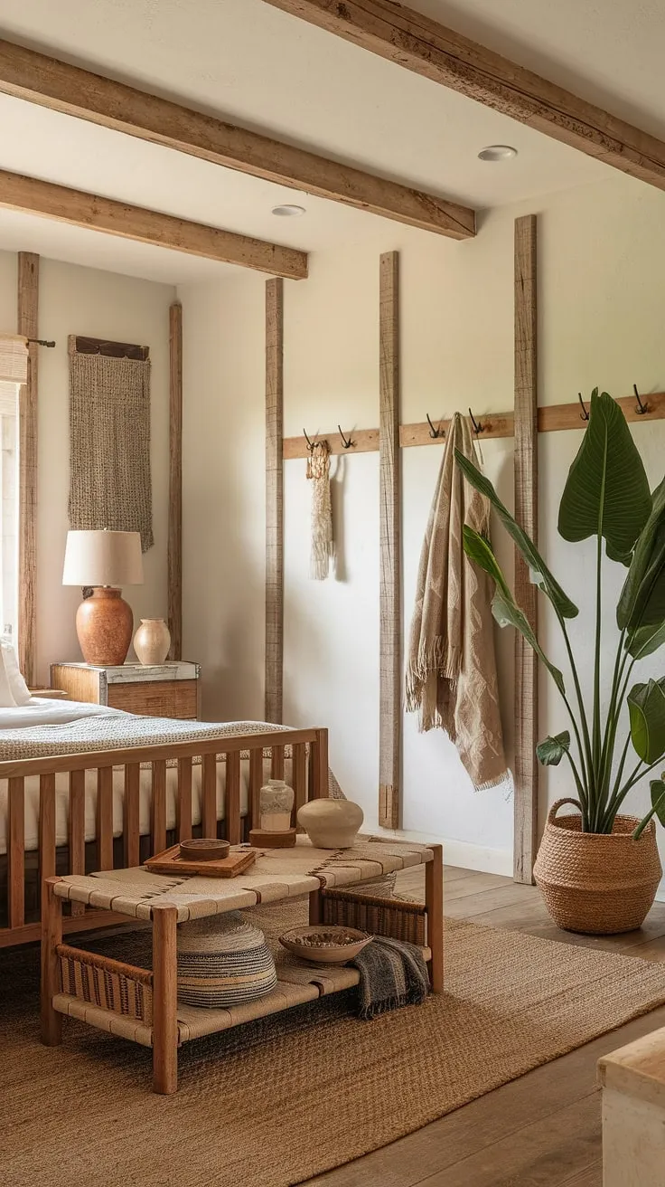 With its wooden beams, potted plant, and personal touches, this master bedroom decor exemplifies the charm of farmhouse bedroom decor in a rustic farmhouse setting.