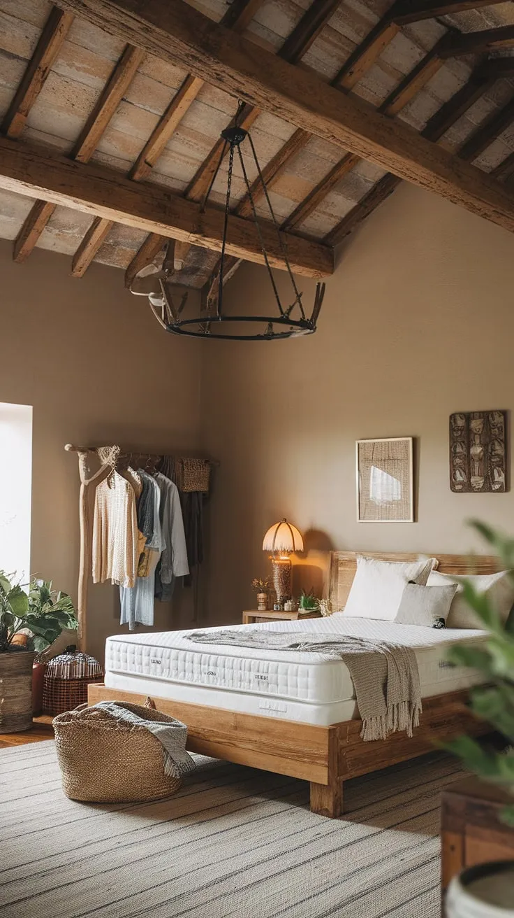 With its warm beige walls, wooden bed frame, and charming accessories, this country bedroom showcases the ideal master bedroom decor for those seeking rustic farmhouse elegance.