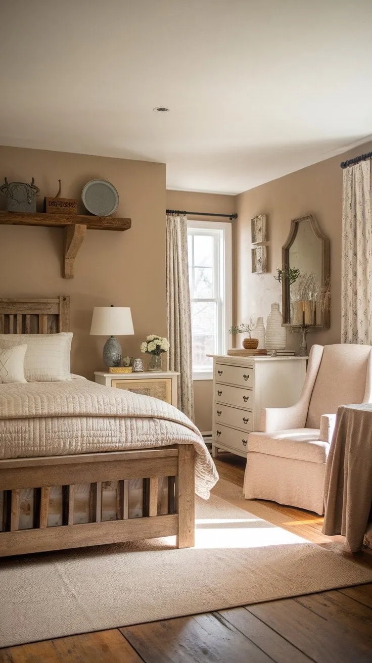 This serene farmhouse bedroom, adorned in warm beige and rustic wood, creates a tranquil haven for relaxation and reflection.