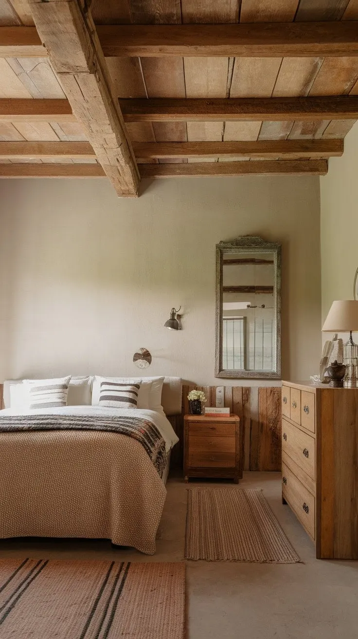 Awakening in this tranquil farmhouse bedroom feels like stepping into a cozy sanctuary of serene contentment, where every detail invites restful rejuvenation.