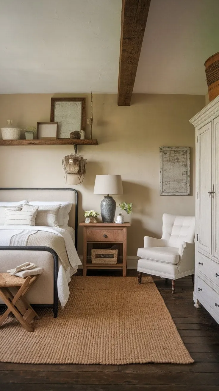 Awakening in a serene farmhouse retreat, where soft light dances on rustic wood and tranquil accents create a perfect sanctuary, invites a blissful reconnection with nature's beauty.