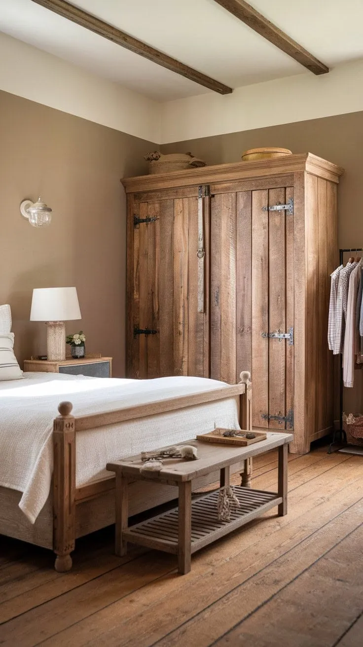 This country-inspired bedroom, with its handcrafted wooden furniture and soft beige walls, invites you to unwind in a cozy haven of rustic beauty and serene simplicity.