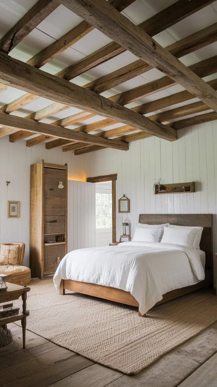 This farmhouse haven blends rustic charm with simple elegance, offering a serene retreat where warm wood tones and cozy textures invite you to unwind and embrace nature's tranquility.
