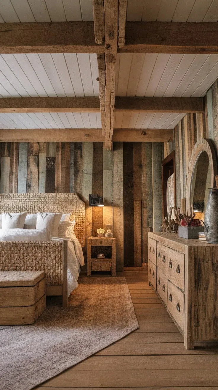 Awaken in a serene farmhouse bedroom where sunlight dances through wooden slats, enveloping you in rustic charm and cozy comfort.
