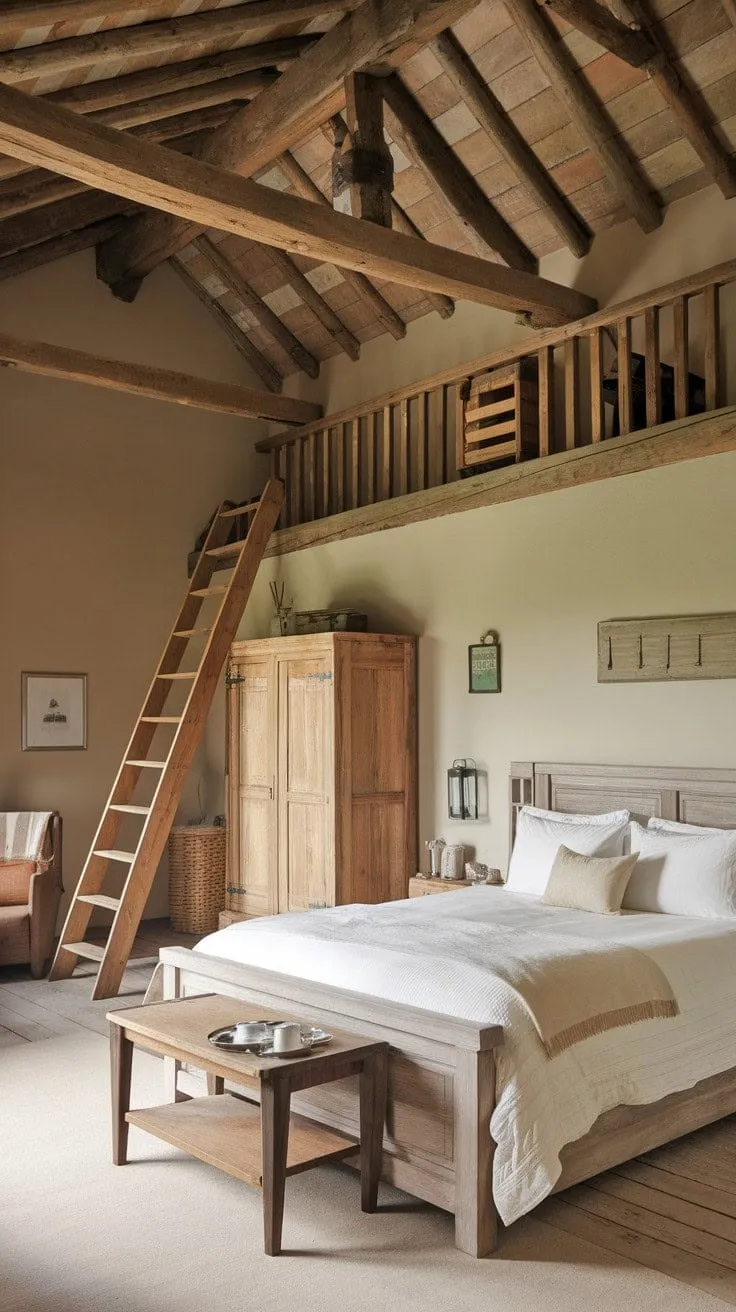 Awakening in a cozy farmhouse retreat, surrounded by rustic wooden beams and a charming loft, envelops you in a serene embrace of tranquility.