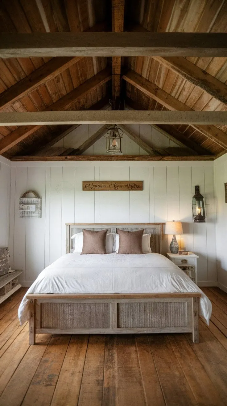 Awaken in a serene rustic farmhouse bedroom where sunlit warmth and wooden charm create a perfect sanctuary for relaxation.