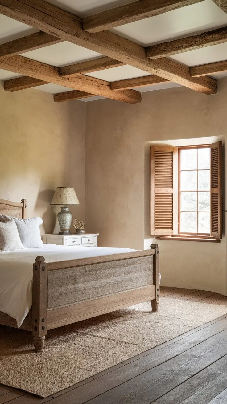 Sunlight dances through wooden shutters, revealing a serene farmhouse bedroom where rustic charm meets cozy elegance.