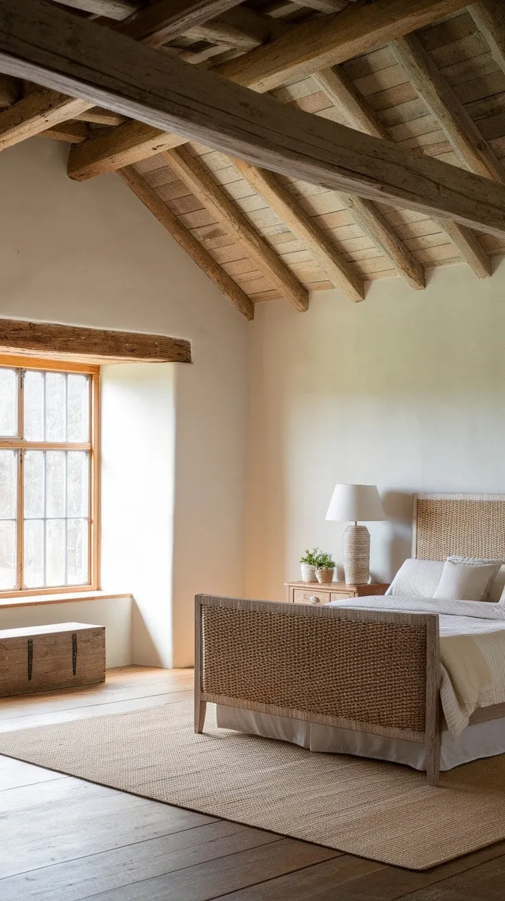 Bathed in sunlight, this rustic farmhouse bedroom exudes quiet comfort and understated elegance, making it a serene sanctuary for restful nights.