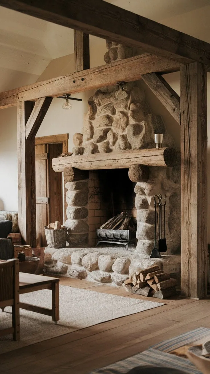 The farmhouse fireplace, with its rugged stones and solid wood beams, exudes a warm nostalgia, embodying the enduring charm of generations gathered around its comforting glow.