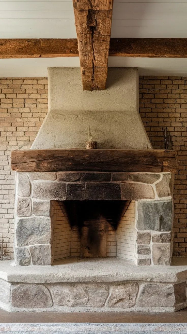 The rustic fireplace, with its weathered beam and stones, exudes a timeless charm that beckons cozy evenings steeped in history.
