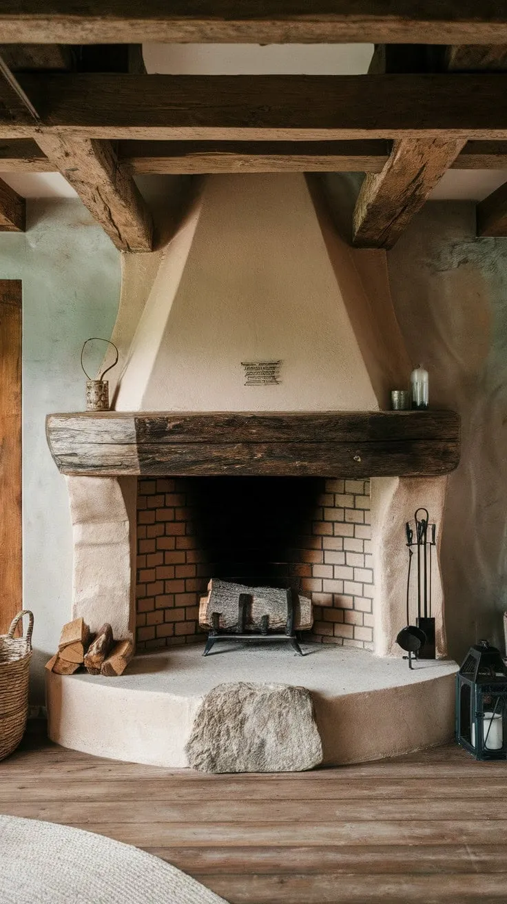 The rustic farmhouse, anchored by a stone and timber fireplace, exudes warmth and charm, inviting cozy evenings filled with crackling fires and timeless craftsmanship.
