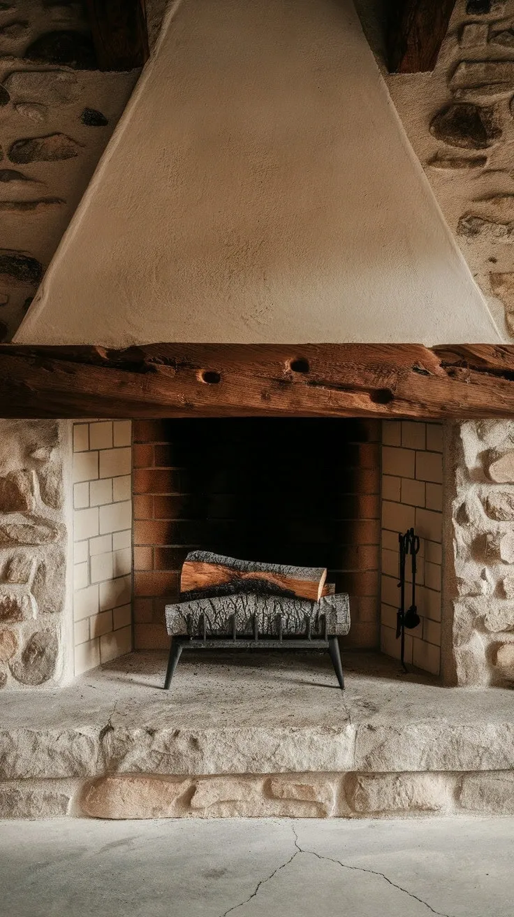 The stone fireplace, a rustic sanctuary of warmth and timeless beauty, whispers tales of generations past while inviting all to gather around its crackling logs.
