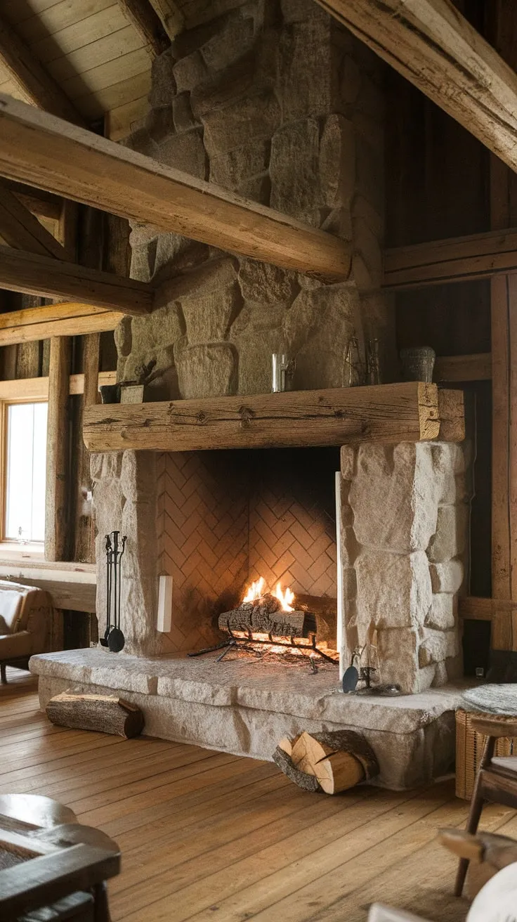 The inviting cabin showcases a rustic fireplace with a wood beam design and rock elements, perfectly complementing the wooden floor and exposed beams overhead.