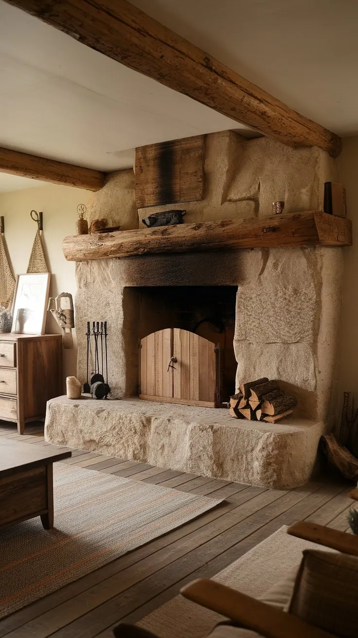 This warm and cozy rustic farmhouse fireplace features a stunning wood beam above a rock fireplace, complemented by reclaimed wood beams and logs, creating the perfect cabin ambiance.