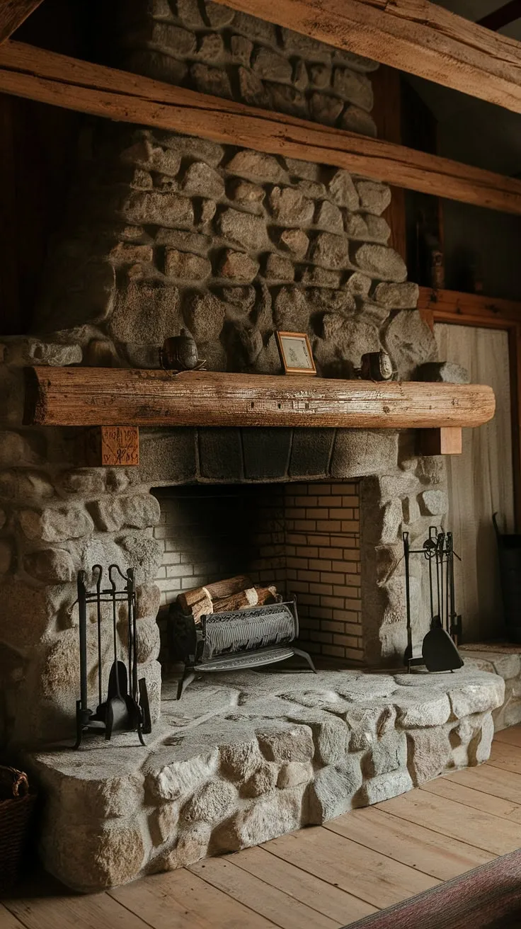 The charming cabin fireplace showcases a rustic fireplace design with a reclaimed wood beam atop a rock fireplace, perfectly complementing the warm, inviting ambiance of the space.