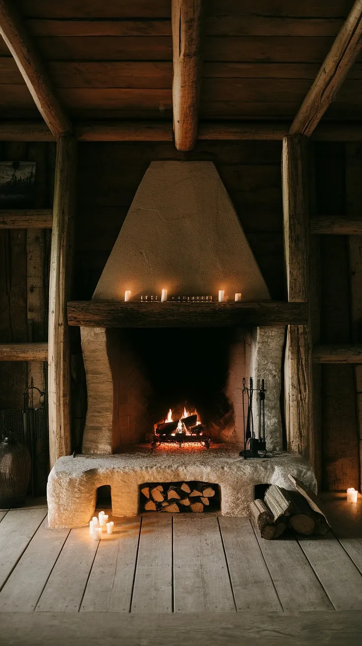 The inviting cabin fireplace showcases a charming wood beam design and rock elements, creating a warm atmosphere enhanced by rustic fireplaces and wood logs nearby.