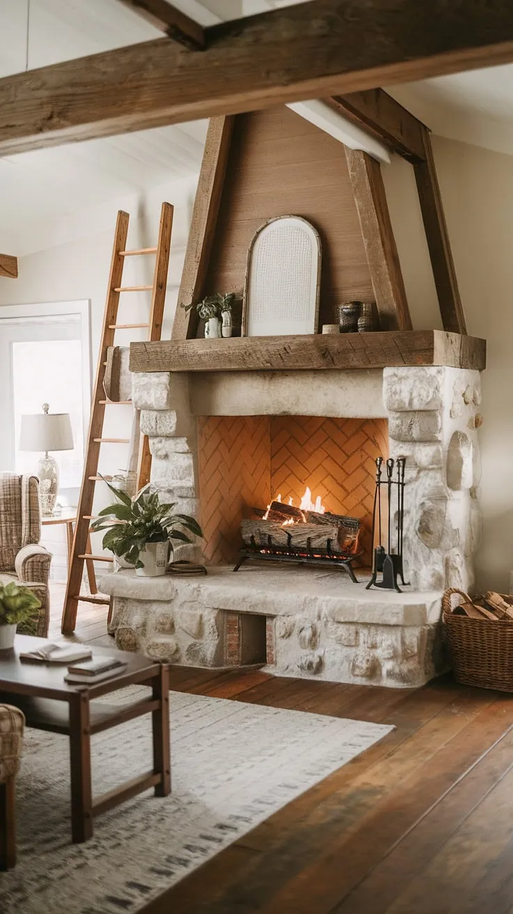 The warm ambiance of this cabin fireplace, highlighted by a wood beam and rustic fireplaces, makes it the perfect retreat for relaxation.