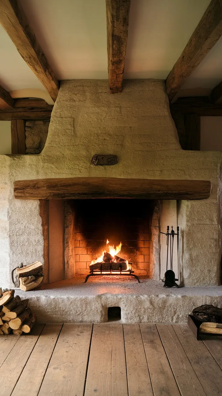 This captivating rustic farmhouse fireplace features a stunning wood beam atop a rock fireplace, surrounded by reclaimed wood beams and a cozy cabin atmosphere.