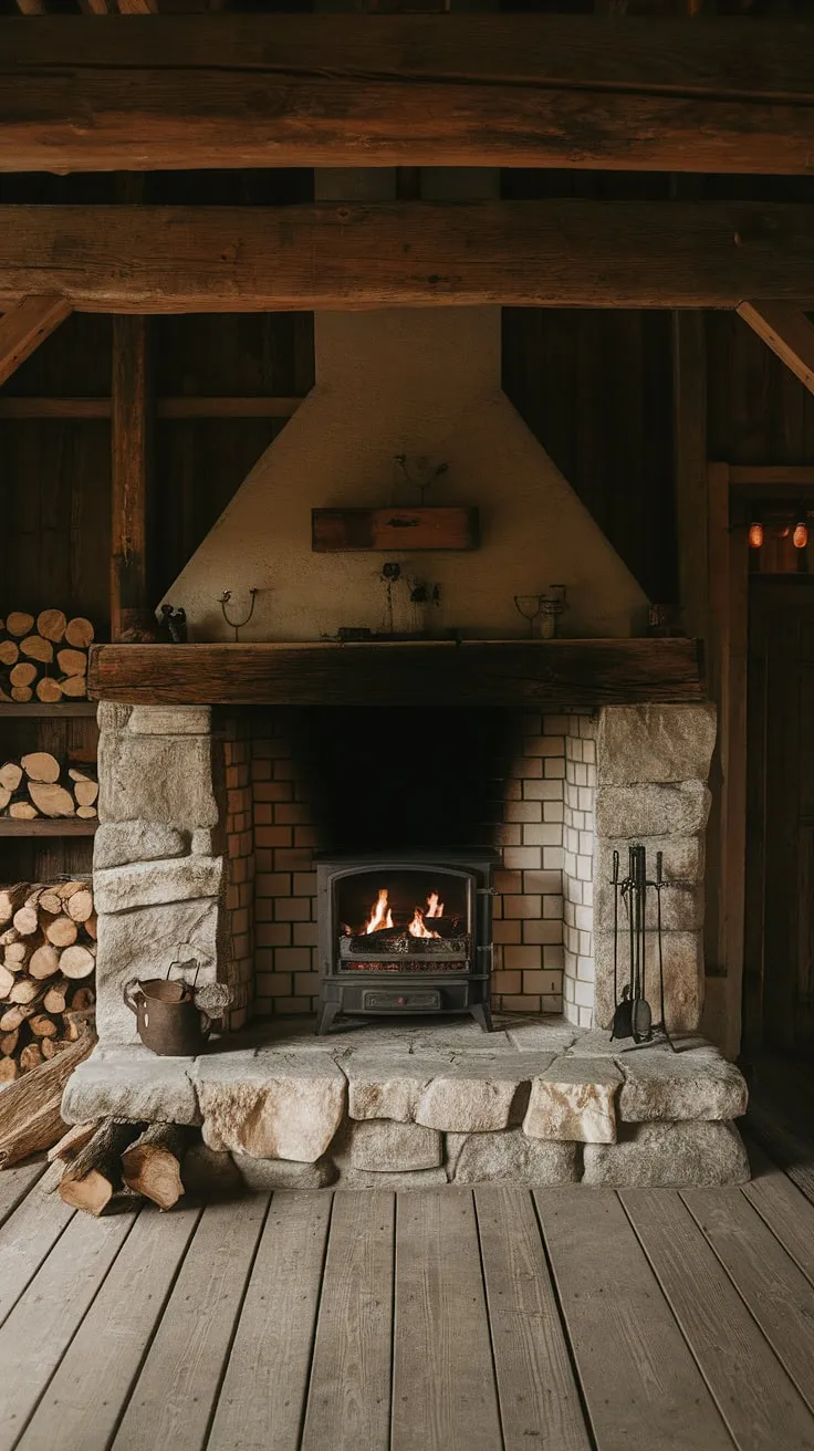 This captivating rustic farmhouse fireplace features a stunning wood beam above a rock exterior, complemented by reclaimed wood beams and a cozy cabin ambiance.