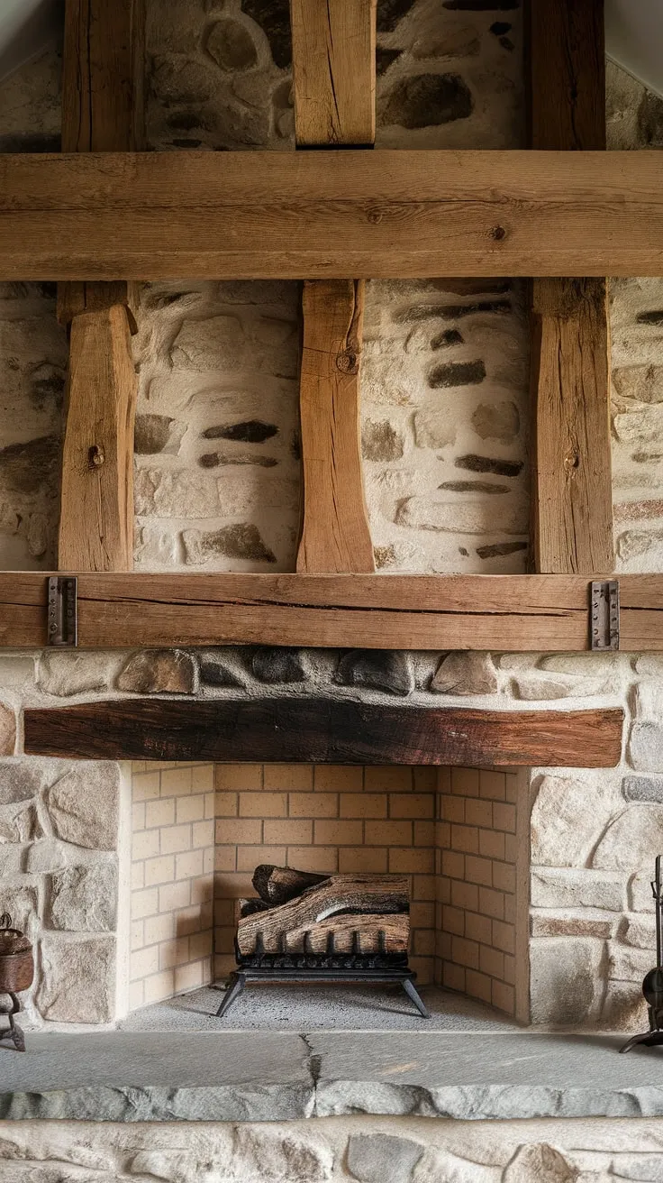 This stunning rustic farmhouse fireplace features a large rock surround, a cozy wood beam design, and reclaimed wood beams that enhance its cabin charm.
