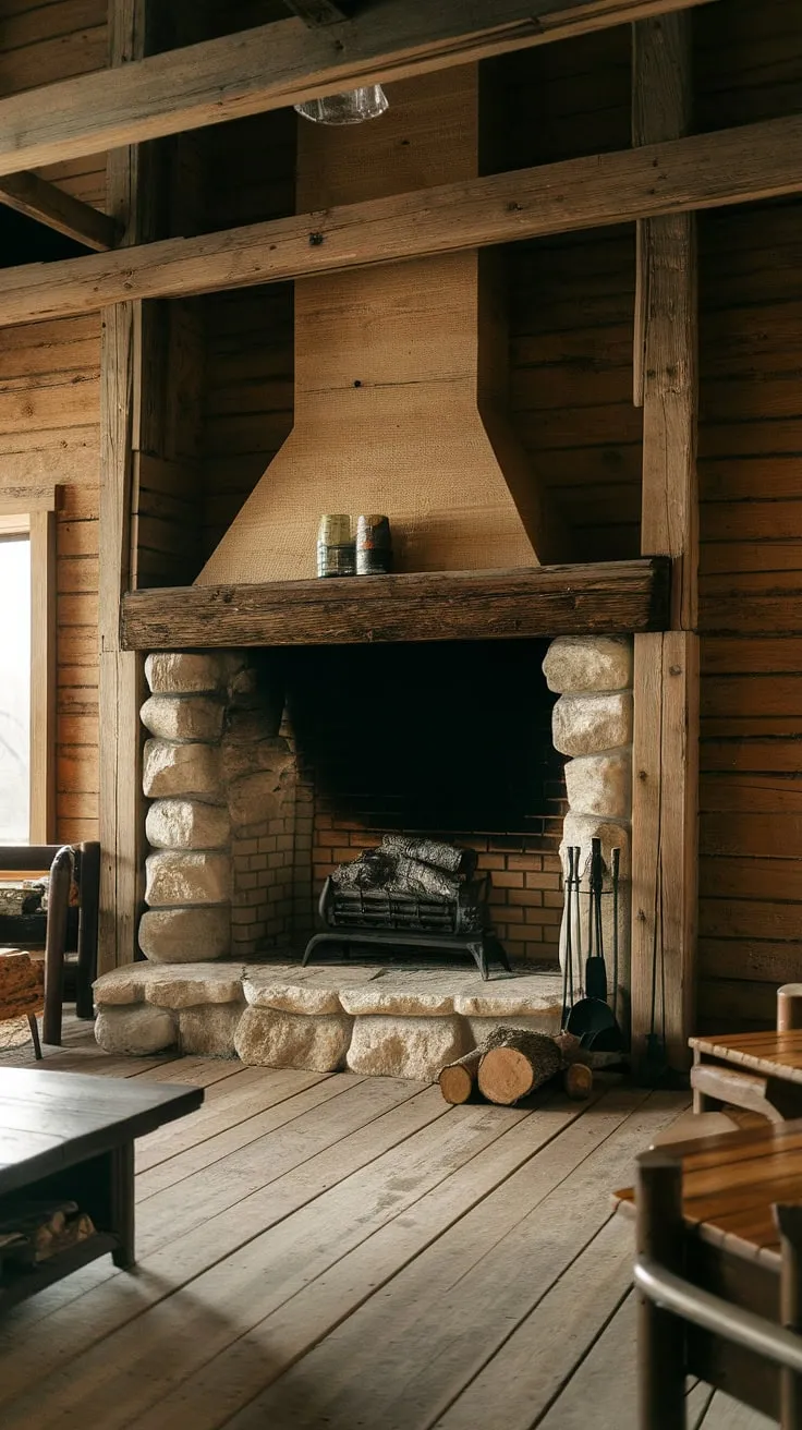 The charming cabin fireplace showcases a rustic fireplace design with a wood beam and rock structure, inviting warmth and comfort to the wooden-floored room.