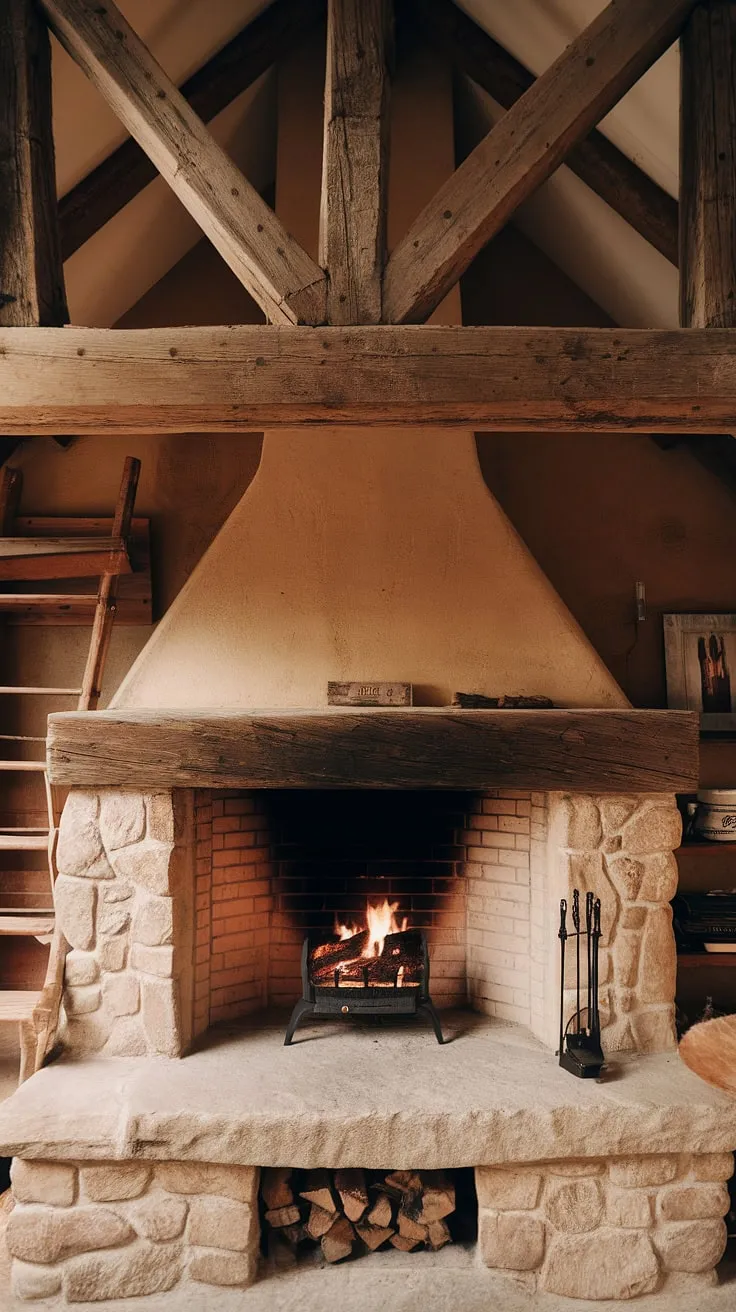 The inviting cabin fireplace showcases a large open hearth and a rustic fireplace design, highlighted by a striking wood beam structure that enhances its charm.