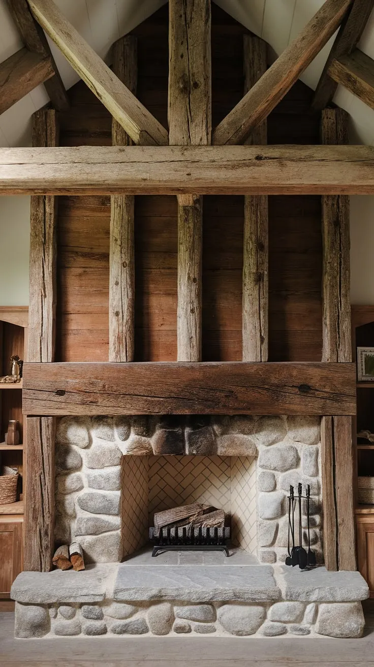 The charming wood beam fireplace, adorned with rustic fireplaces and rock accents, showcases the warmth of reclaimed wood beams in a high-ceilinged room.
