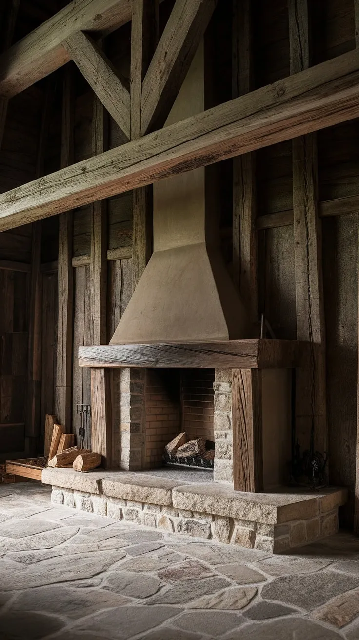 The captivating rustic fireplace showcases a wood beam and rock design, enhanced by exposed beams and a stone floor, perfect for a charming farmhouse or cabin retreat.