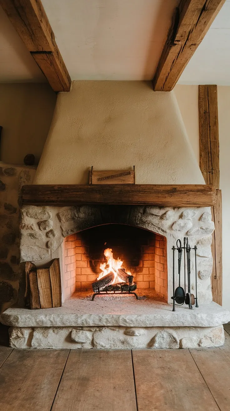 This captivating rustic farmhouse fireplace features a stunning wood beam and rock construction, creating a cozy atmosphere with a warm fire and charming wooden accents.