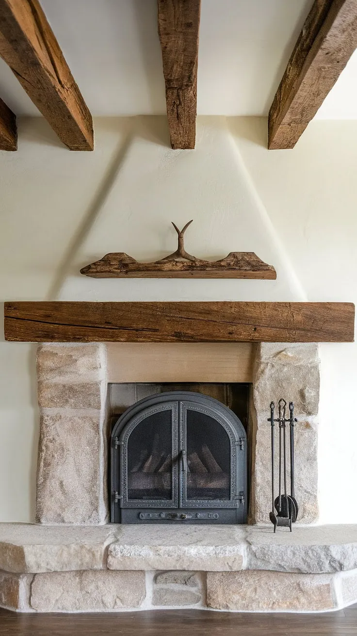 The charming rustic fireplace showcases a wood beam and rock surround, framed by exposed reclaimed wood beams, perfect for a farmhouse or cabin setting.