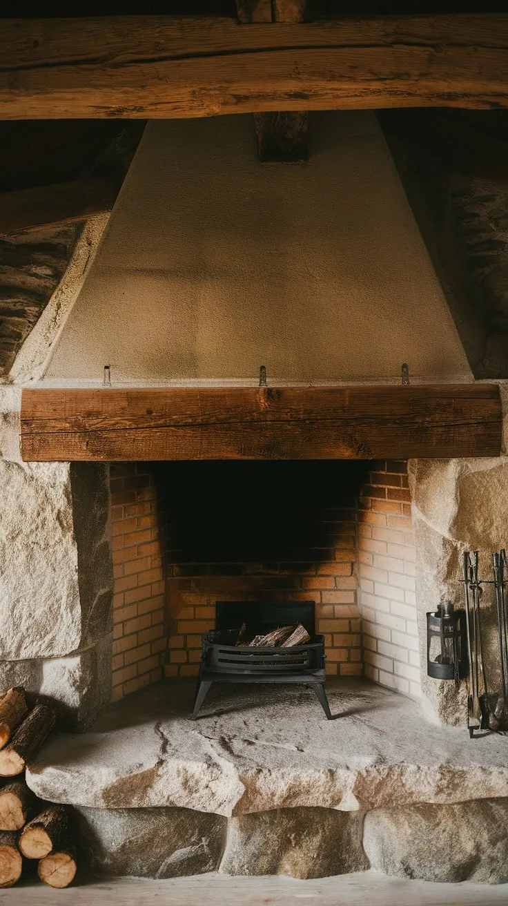This captivating rustic farmhouse fireplace features a sturdy wood beam atop a rock structure, complemented by reclaimed wood beams and logs stacked beside it.